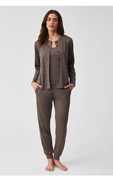 Mısırlı Kadın Üçlü Pijama Takımı Kahverengi