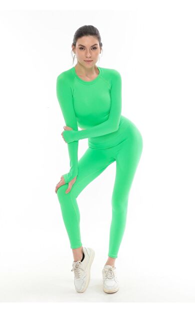 Mısırlı Kadın Uzun Kollu Spor Tayt Takımı Neon Yeşili