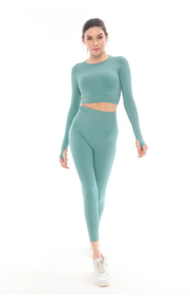 Mısırlı Kadın Uzun Kollu Spor Tayt Takımı Çağla Yeşili