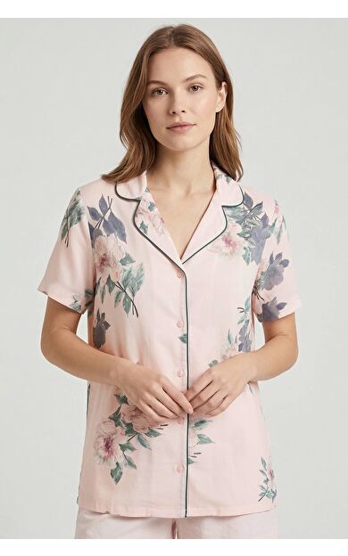Mısırlı Kadın Viscon Dokuma Kısa Kol Gömlek Pudra