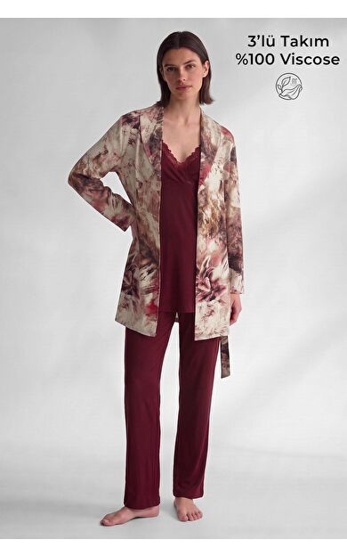 Mısırlı Kadın Viscon Üçlü Set Pijama Takım Bordo