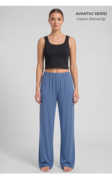 Mısırlı Kadın Viskon Alt Pijama Denim Mavi
