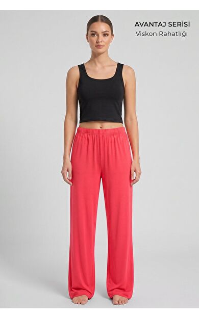 Mısırlı Kadın Viskon Alt Pijama Mercan Kırmızısı