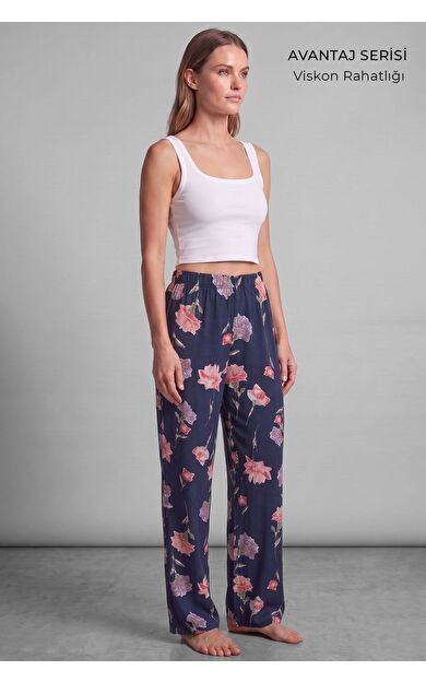 Mısırlı Kadın Viskon Çiçekli Alt Pijama Açık Lacivert