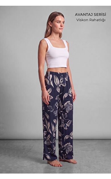 Mısırlı Kadın Viskon Çiçekli Alt Pijama Koyu Lacivert