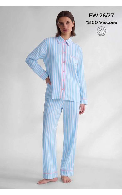 Mısırlı Kadın Viskon Çizgili Garni Detayli Pijama Takım Mavi