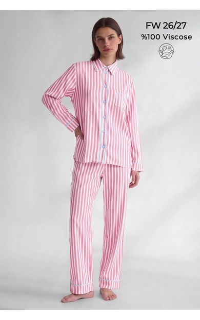 Mısırlı Kadın Viskon Çizgili Garni Detayli Pijama Takım Açık Pembe