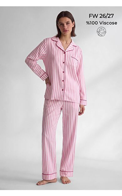 Mısırlı Kadın Viskon Çizgili Pijama Takım Açık Pembe