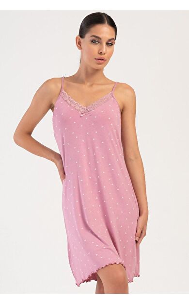 Mısırlı Kadın Viskon Dantelli İp Askılı Tunik Pembe