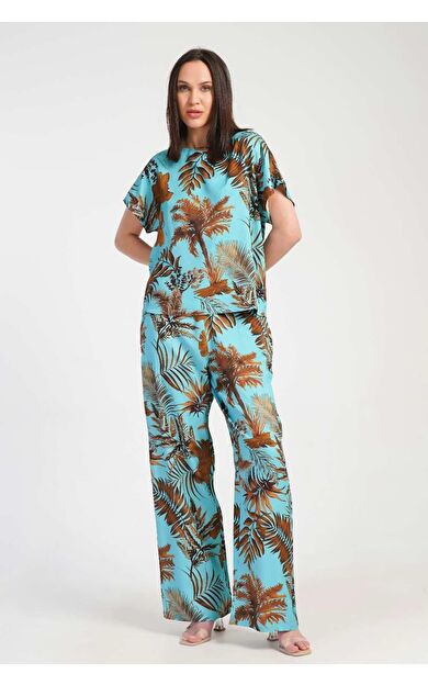 Mısırlı Kadın Viskon Desenli Pantolon Takımı Turkuaz