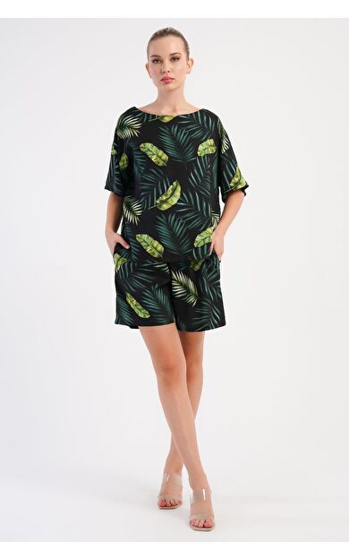 Mısırlı Kadın Viskon Desenli Şort Takım Yeşil