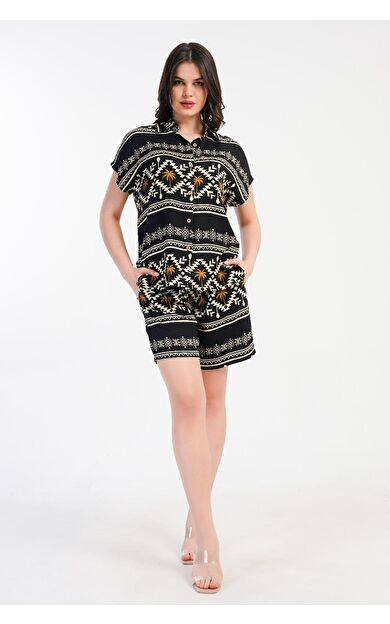 Mısırlı Kadın Viskon Dokuma Desenli Gömlek Şort Takım Siyah