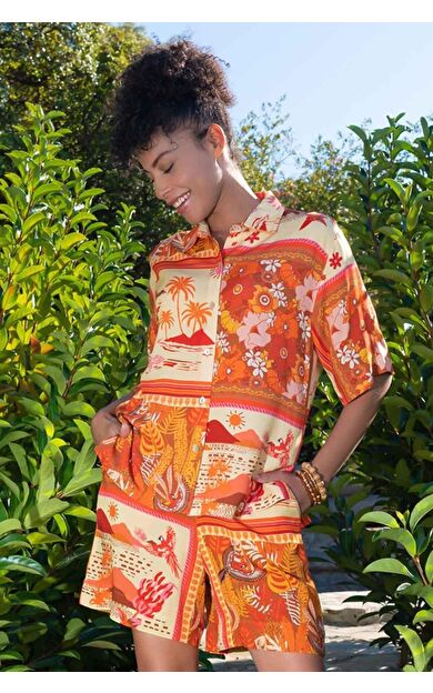 Mısırlı Kadın Viskon Dokuma Desenli Gömlek Şort Takım Turuncu