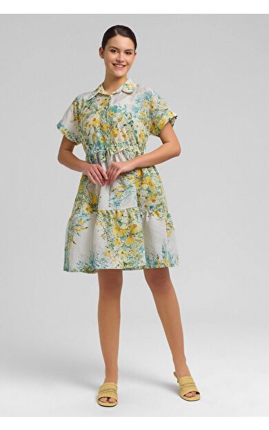 Mısırlı Kadın Viskon Dokuma Diz Üstü Elbise Sarı