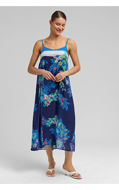 Mısırlı Kadın Viskon Dokuma Uzun Elbise Lacivert