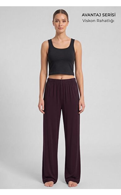 Mısırlı Kadın Viskon Düz Kesim Alt Pijama Koyu Vişne