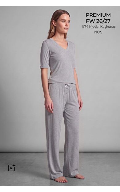 Mısırlı Kadın Viskon Kaşkorse Kısa Kol Pijama Takım Gri Melanj