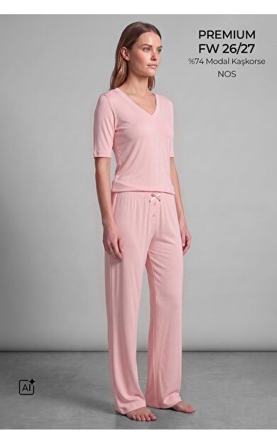 Mısırlı Kadın Viskon Kaşkorse Kısa Kol Pijama Takım Açık Pembe