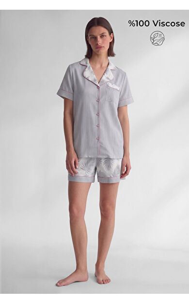 Mısırlı Kadın Viskon Kısa Kol Cep Detaylı Short Pijama Takım Gri