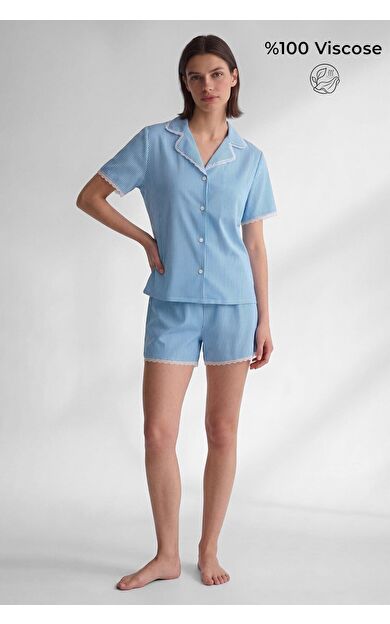Mısırlı Kadın Viskon Kısa Kol Gömlek Short Pijama Takım Mavi