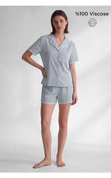 Mısırlı Kadın Viskon Kısa Kol Gömlek Short Pijama Takım Gri