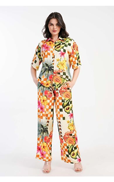 Mısırlı Kadın Viskon Kısa Kollu Gömlek Takım Çok Renkli