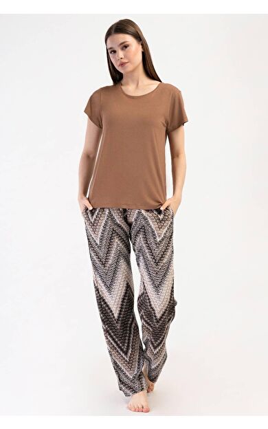 Mısırlı Kadın Viskon Kısa Kollu Pijama Takımı Kahverengi