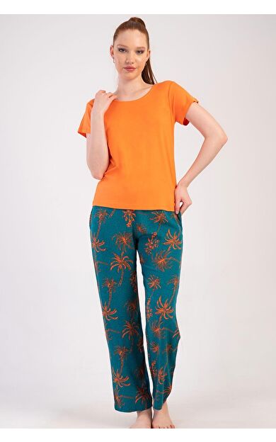 Mısırlı Kadın Viskon Kısa Kollu Pijama Takımı Turuncu