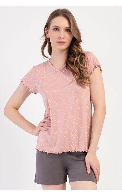 Mısırlı Kadın Viskon Kısa Kollu Şort Pijama Takımı Toz Pembe