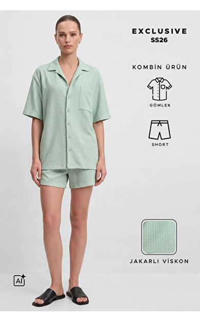 Mısırlı Kadın Viskon Oversize Gömlekli Şort Takım Mint