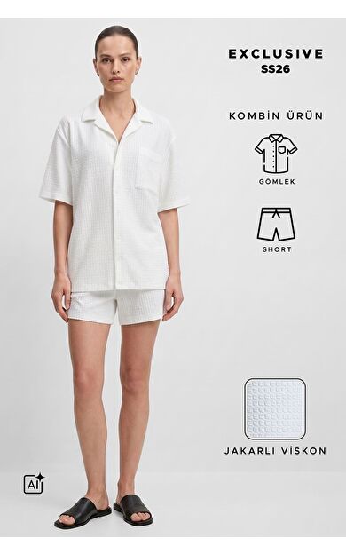 Mısırlı Kadın Viskon Oversize Gömlekli Şort Takım Beyaz