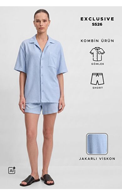 Mısırlı Kadın Viskon Oversize Gömlekli Şort Takım Mavi