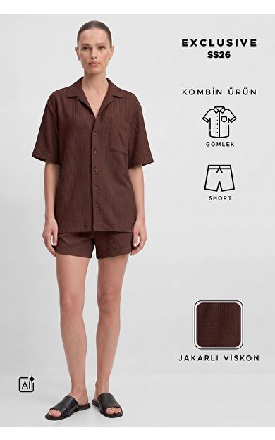 Mısırlı Kadın Viskon Oversize Gömlekli Şort Takım Kahverengi