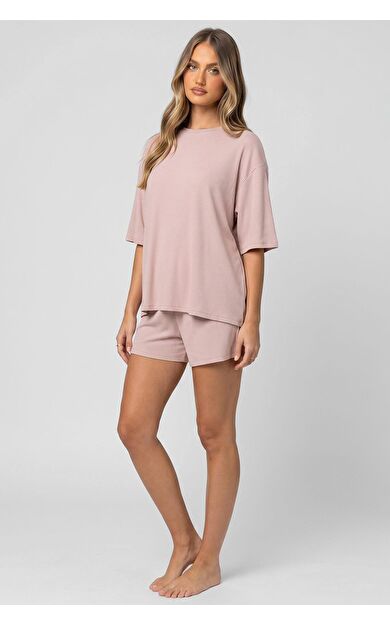 Mısırlı Kadın Viskon Oversize T-Shirt Şort Takım Toz Pembe