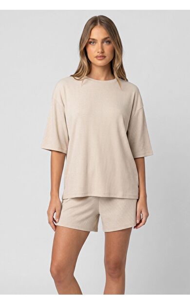 Mısırlı Kadın Viskon Oversize T-Shirt Şort Takım Tereyağ Sarı