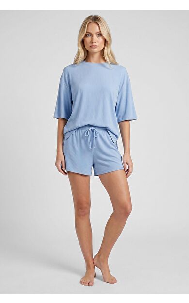 Mısırlı Kadın Viskon Oversize T-Shirt Şort Takım Mavi