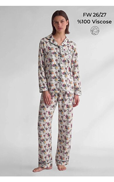 Mısırlı Kadın Viskon Sarı Çiçek Desenli Pijama Takım Sarı