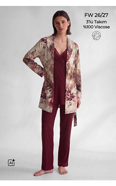 Mısırlı Kadın Viskon Üçlü Set Pijama Takım Bordo
