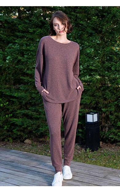 Mısırlı Kadın Viskon Uzun Kollu Takım Kahverengi