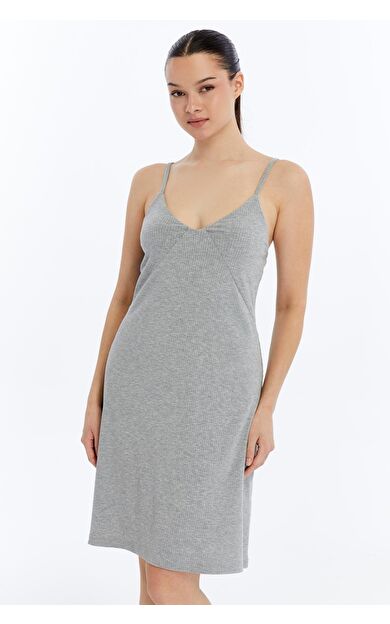 Mısırlı Kaşkorse Ribli Askılı Gecelik Gri Melanj