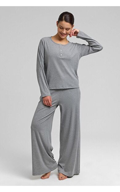 Kadını Kaşkorse Uzun Kollu Sweatshirt Gri Melanj