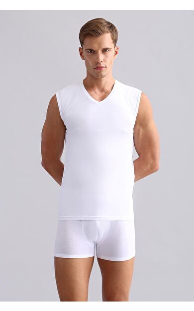 Mısırlı Modal By TENCEL HERCULES Slim Fit V Yaka Sporcu Atlet / T-Shirt Beyaz