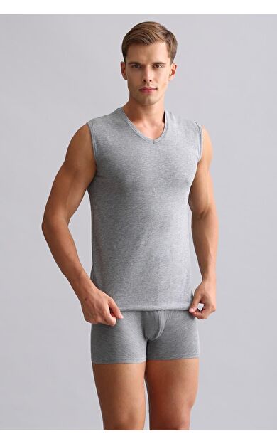 Mısırlı Modal By TENCEL HERCULES Slim Fit V Yaka Sporcu Atlet / T-Shirt Gri Melanj