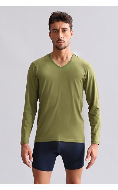 Mısırlı Modal By TENCEL HERCULES Slim Fit V Yaka Uzun Kollu Fanila / T-Shirt Haki