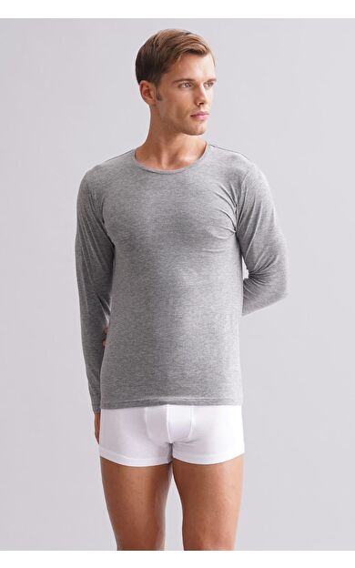 Mısırlı Modal By TENCEL HERCULES Slim Fit Bisiklet Yaka Uzun Kollu Fanila / T-Shirt Gri Melanj