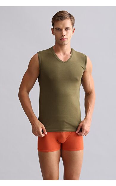 Mısırlı Modal By TENCEL HERCULES Slim Fit V Yaka Sporcu Atlet / T-Shirt Koyu Haki