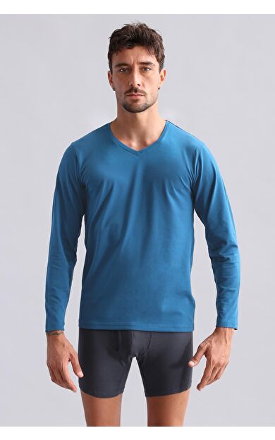 Mısırlı Modal By TENCEL HERCULES Slim Fit V Yaka Uzun Kollu Fanila / T-Shirt Petrol Mavisi