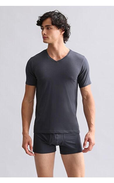 Mısırlı Modal By TENCEL HERCULES Slim Fit V Yaka Fanila / T-Shirt Antrasit