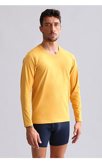 Mısırlı Modal By TENCEL HERCULES Slim Fit V Yaka Uzun Kollu Fanila / T-Shirt Hardal