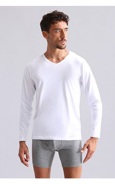 Mısırlı Modal By TENCEL HERCULES Slim Fit V Yaka Uzun Kollu Fanila / T-Shirt Beyaz